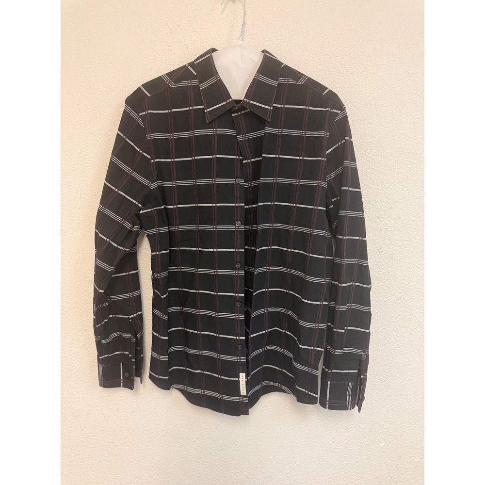 Perry Ellis Mens Black Plaid Long Sleeve Button Down Cotton Shirt Large